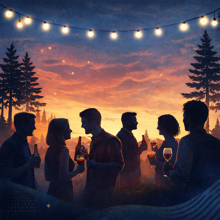 Groupe de personnes en silhouette, profitant d'une soirée au coucher de soleil.