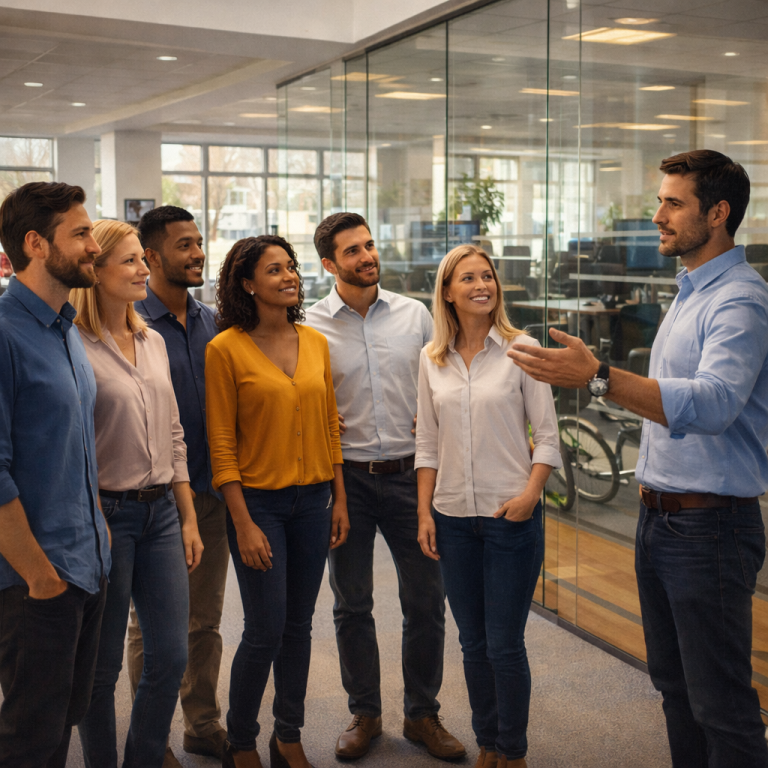 Groupe divers de professionnels en discussion dans un bureau moderne.