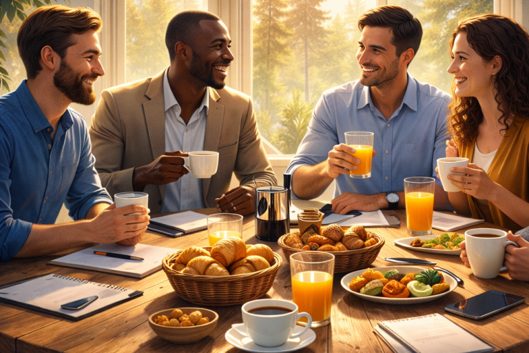 Quatre personnes souriantes se réunissent autour d'une table avec des boissons et de la nourriture.